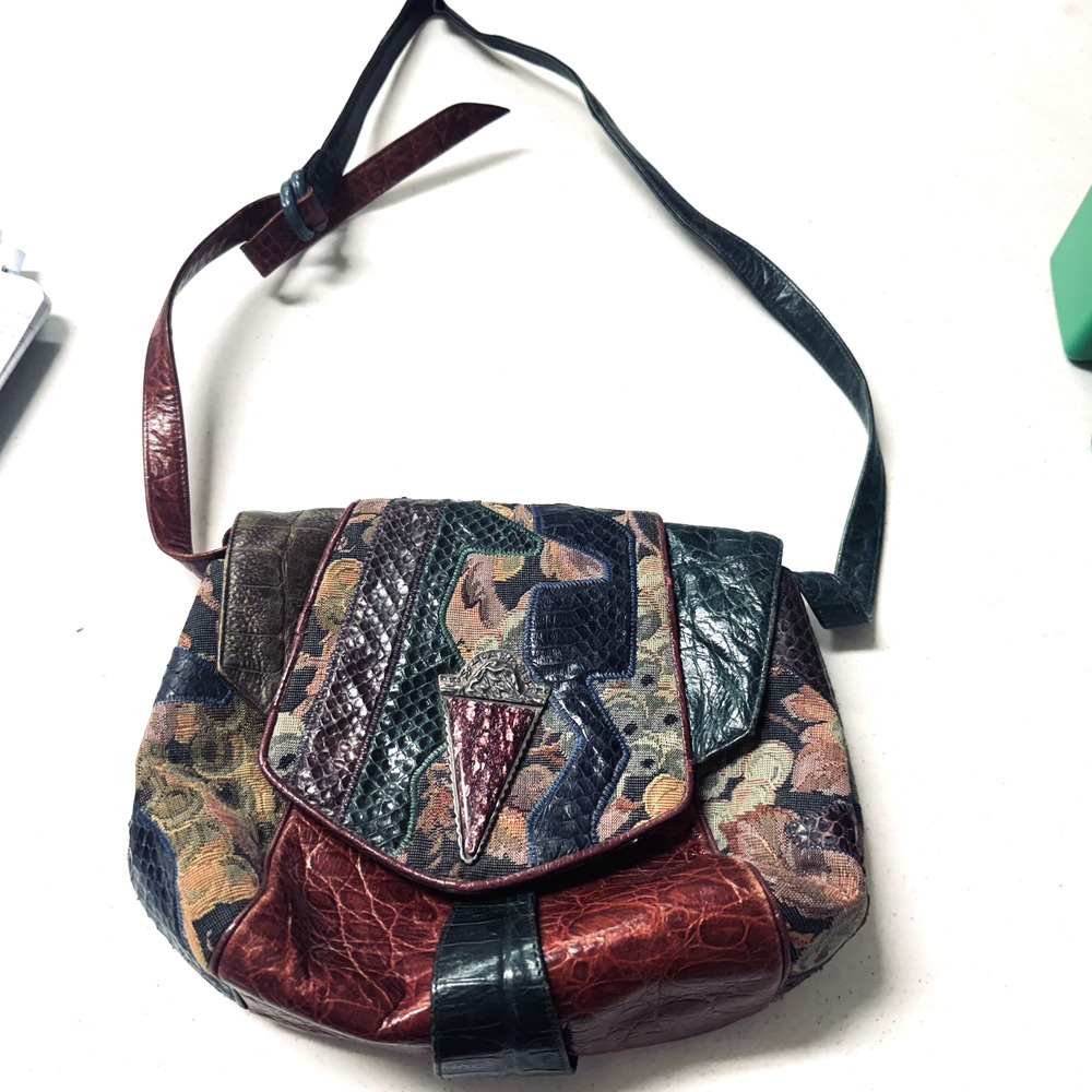 VTG SHARIF USA patchwork purse mixed media artsy boho colorful snakeskin croc